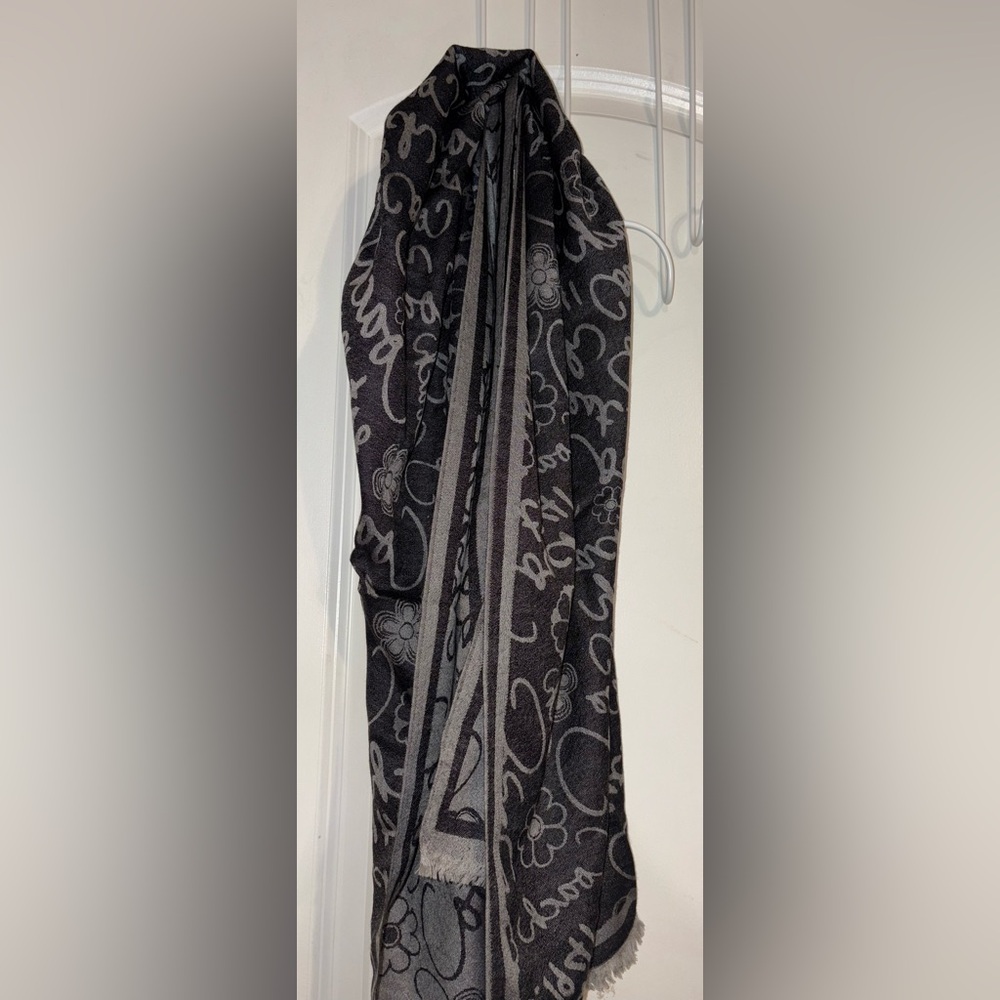 Coach Gray Script Logo Floral Wool Silk Wrap Scarf - Picture 2 of 10
